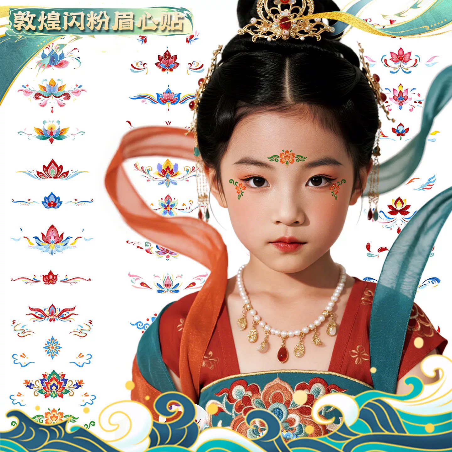 敦煌闪粉儿童眉心贴彩色纹身贴古风额头花钿汉服舞台表演新年装饰