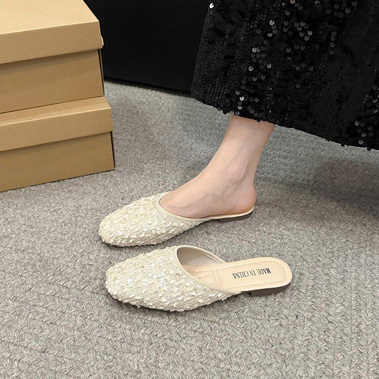 小香风半拖鞋女外穿亮片平底凉拖鞋2025春夏法式方头软底包头拖鞋