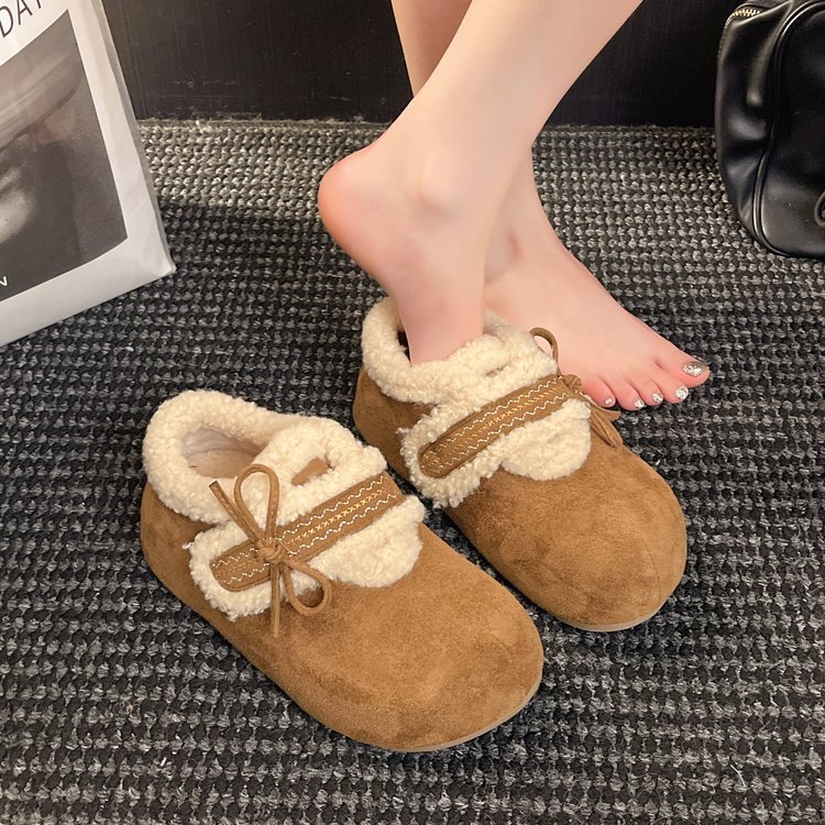 毛毛鞋女外穿2025秋冬季新款平软底蝴蝶结加绒毛口保暖勃肯棉鞋子