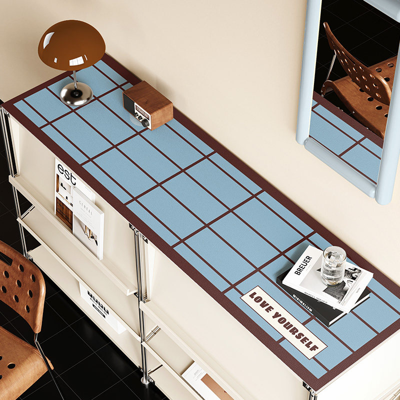 蓝色格纹皮革餐边柜垫防水茶几电视柜桌面盖布厨房免洗耐脏防尘垫,居家布艺,桌布,淘宝优惠券,粉丝福利购,淘宝优惠卷