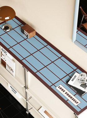 蓝色格纹皮革餐边柜垫防水茶几电视柜桌面盖布厨房免洗耐脏防尘垫