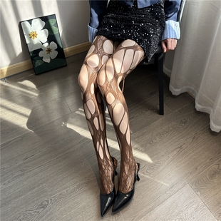性感蕾丝开裆镂空黑色渔网袜y2k黑色丝袜破洞连裤黑丝