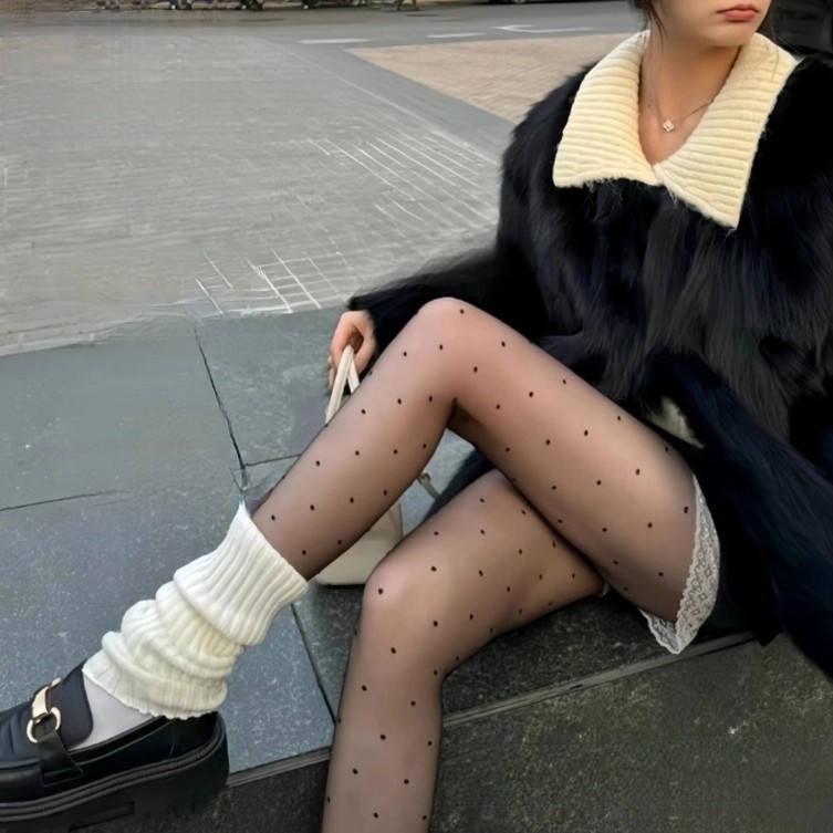 春日系丝袜子女士薄款性感波点连体裤袜小圆点黑色打底袜黑丝纯欲