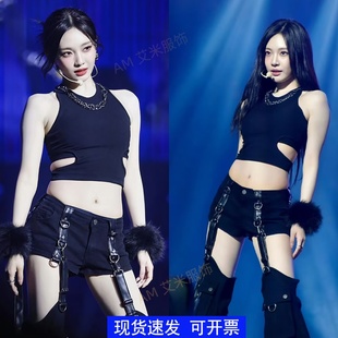 韩女团aespa宁艺卓同款黑色露腰缕空辣妹背心打歌服爵士舞演出服