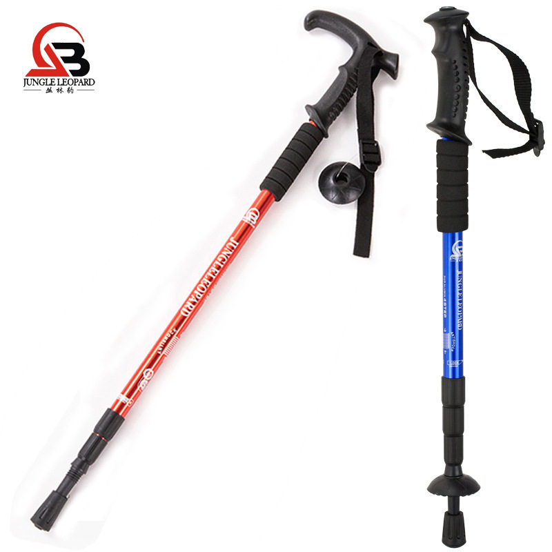 丛林豹登山杖 三节四节直柄弯柄铝合金登山杖T柄手杖徒步杖
