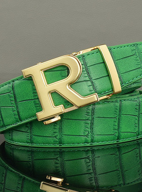 字母R皮带男士真皮自动扣简约年轻人裤带韩版潮腰带美式高街绿色