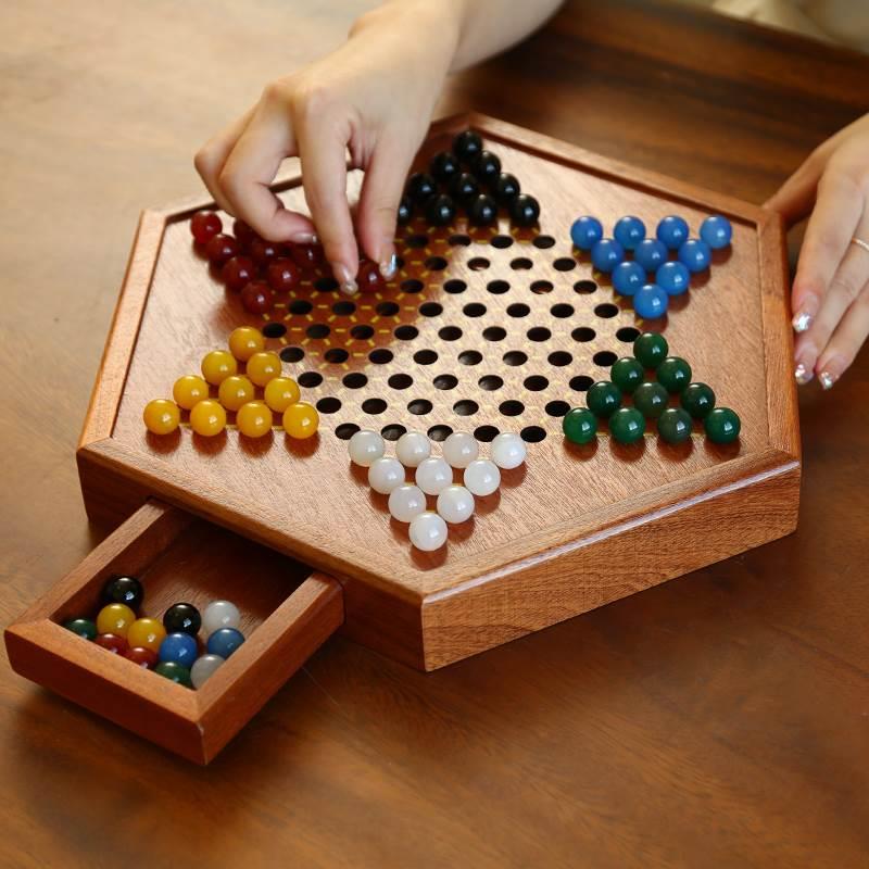 【送给自己和家人的好礼物】跳棋玛瑙珠K玻璃珠木质抽屉式棋盘益