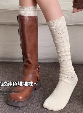 花边白色小腿袜子女士秋冬季纯棉保暖长袜日系复古配长筒靴堆堆袜