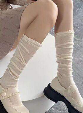 袜子女小腿袜芭蕾风黑白色泡泡口夏季网纱及膝堆堆袜玛丽珍长筒袜