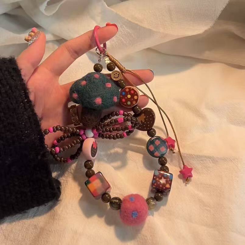 复古墨绿棕色系可爱毛毡蘑菇包包挂件N书包手机壳装饰挂