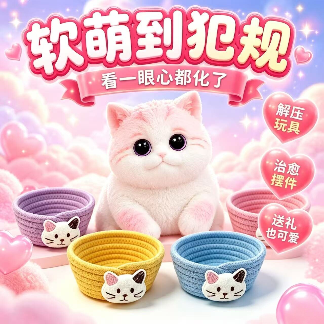 可爱捏捏猫筐篮子小猫收纳篮造型