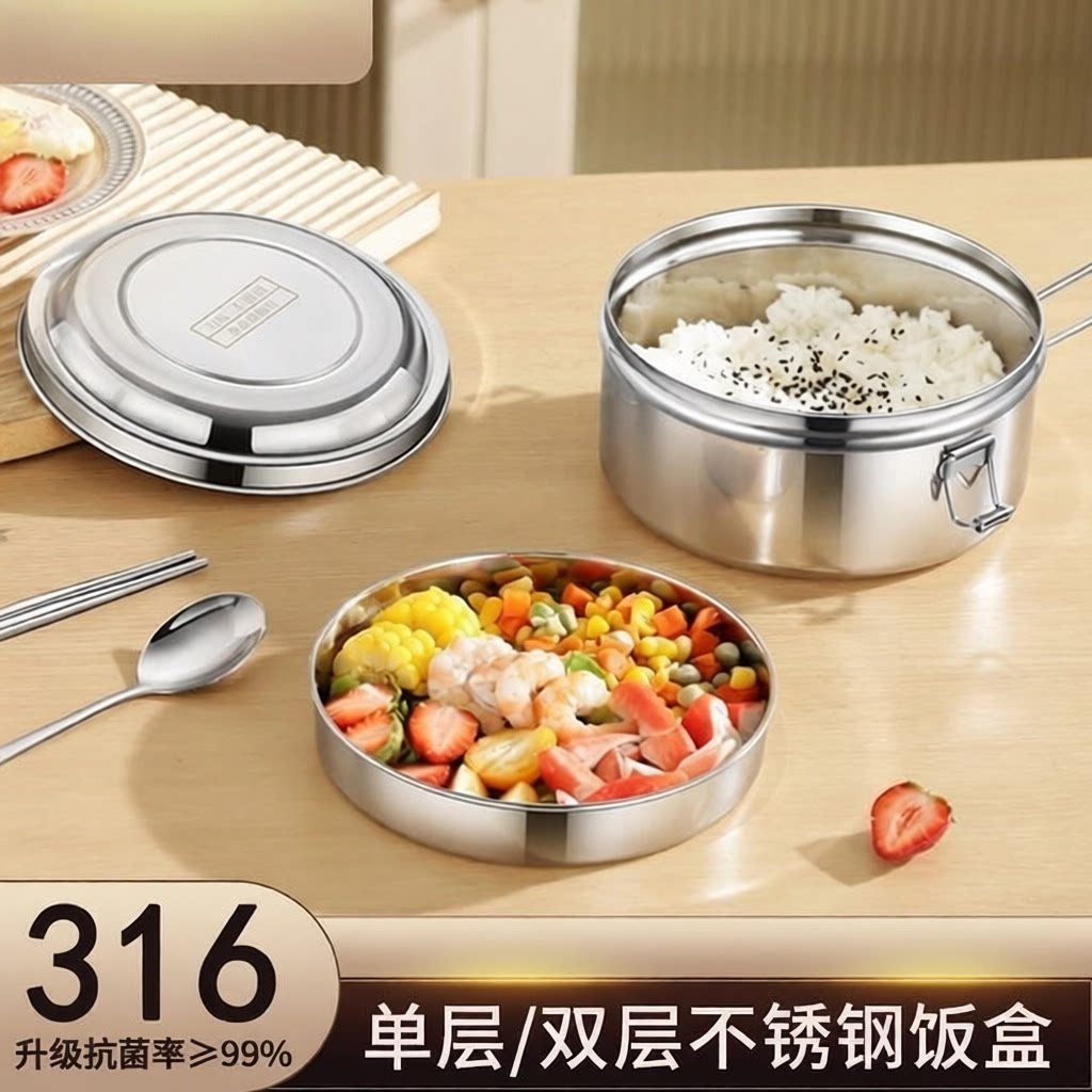 316不锈钢饭盒食品级圆形学生饭