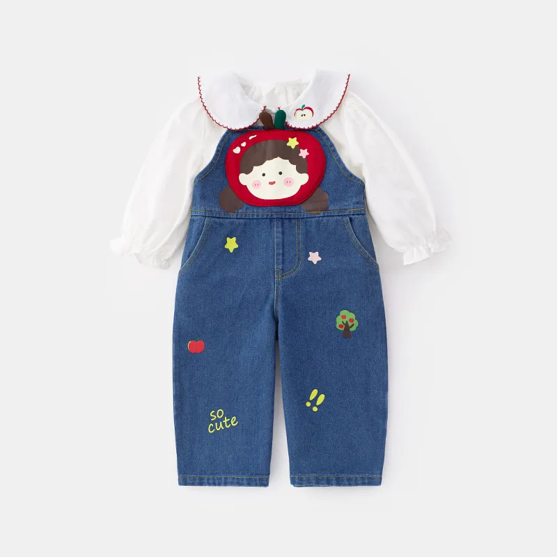 new idea女童宝宝春秋季新款洋气牛仔背带裤甜美上衣纯棉t恤套装