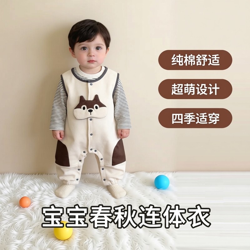 [鸣爬]婴儿春秋纯棉连体衣背带裤套装男女宝宝超萌洋气外出服套装