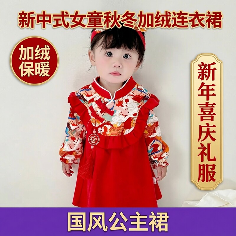new idea女童宝宝秋冬国风加绒连衣裙卫衣裙过年喜庆礼服小公主裙