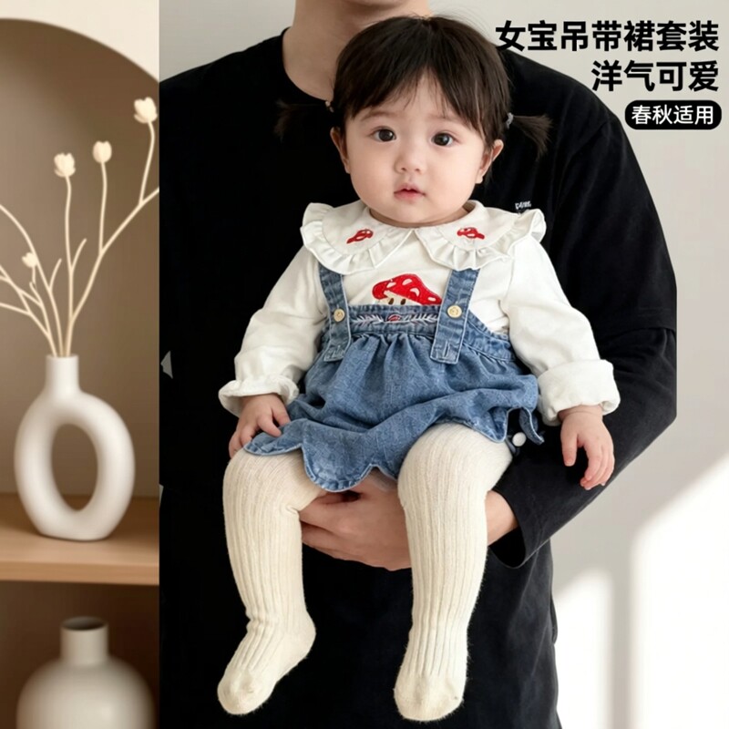 [鸣爬]婴儿女童宝宝春秋新款洋气包屁衣吊带裙可爱公主裙休闲套装