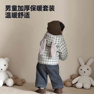 [那子]男童冬加厚夹棉外套宝宝加厚牛仔裤加厚打底衫休闲外出套装