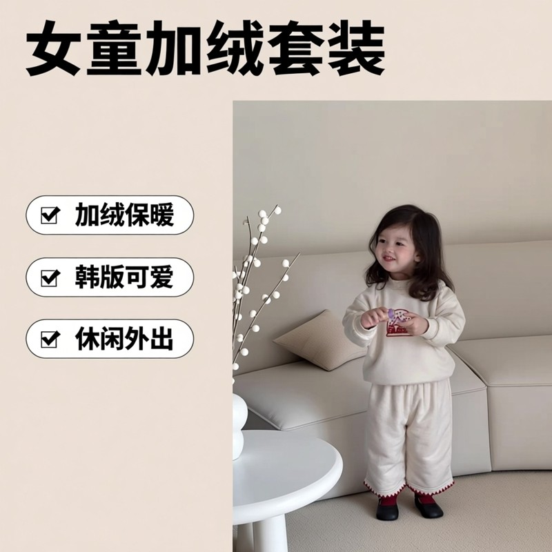 [那子]女童冬季加绒加厚卫衣卫裤套装韩版女宝宝休闲外出保暖套装