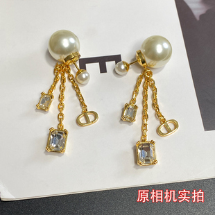 奥米迪奥CD珍珠流苏耳环方钻耳钉链条吊坠韦雪同款耳饰高级新款女