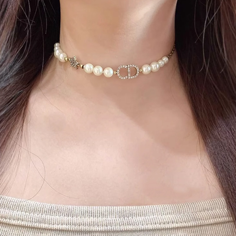 奥米迪奥字母镶钻星星珍珠项链女