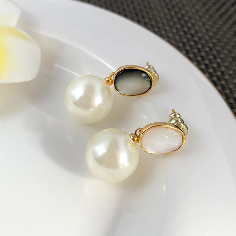 奥米迪奥双色白贝母珍珠吊坠耳钉小众设计高级感耳环S925银针耳饰