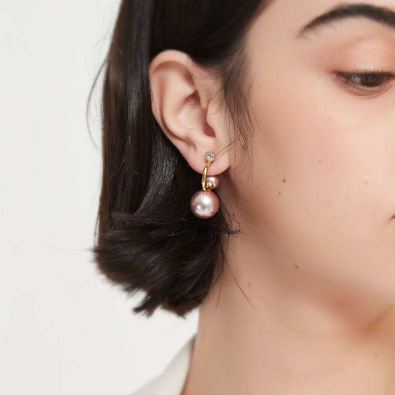 奥米迪奥新款气质优雅紫带钻大小双珍珠网红耳钉耳坠百搭现货女银