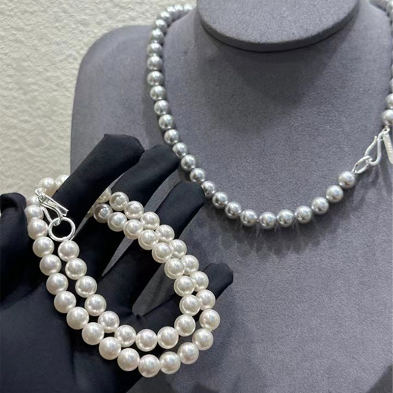 奥米迪奥银灰色珍珠项链2024轻奢小众设计高级感新款复古纯银颈链