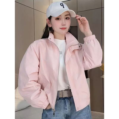 韩版休闲短款夹克女立领纯色外套