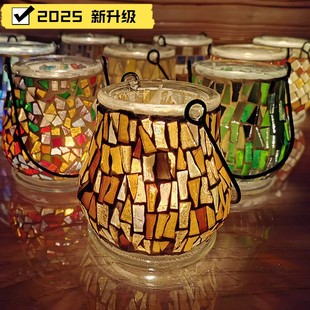 新年礼物 新品 欧式 马赛克玻璃烛台复古摆件烂漫酒吧蜡烛 家居饰品
