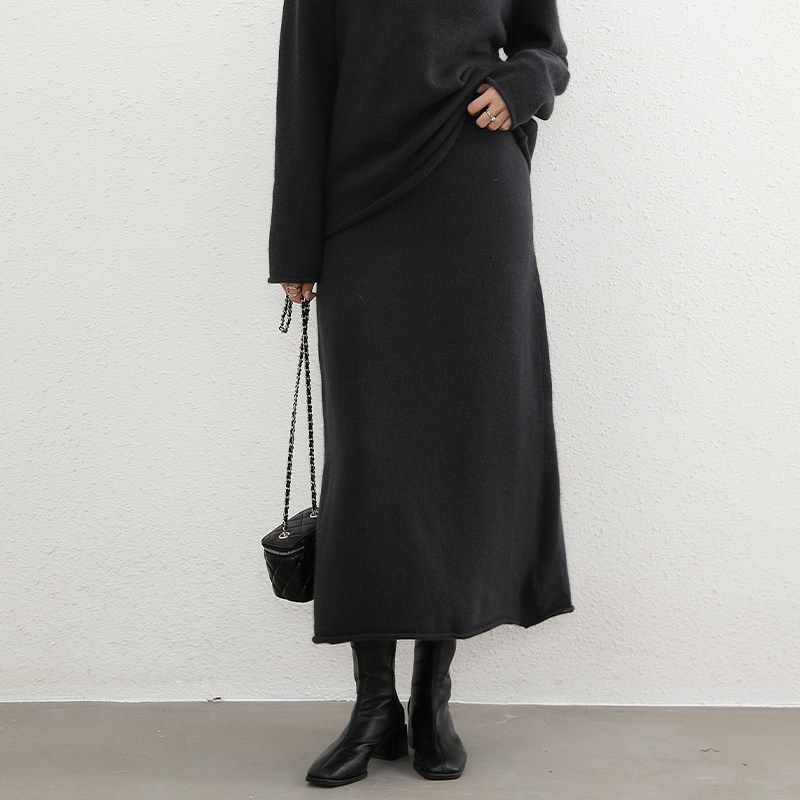 MIUZA设计款浣熊绒羊毛毛呢半身裙女卷边气质a字长裙2023冬季新款