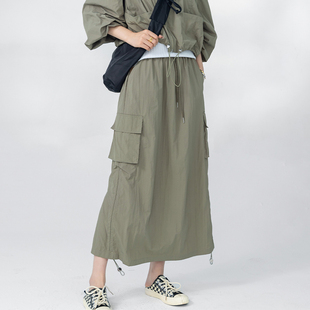 新款 MIUZA设计师款 军绿色工装 裙直筒半身裙高腰开叉长裙2023秋季