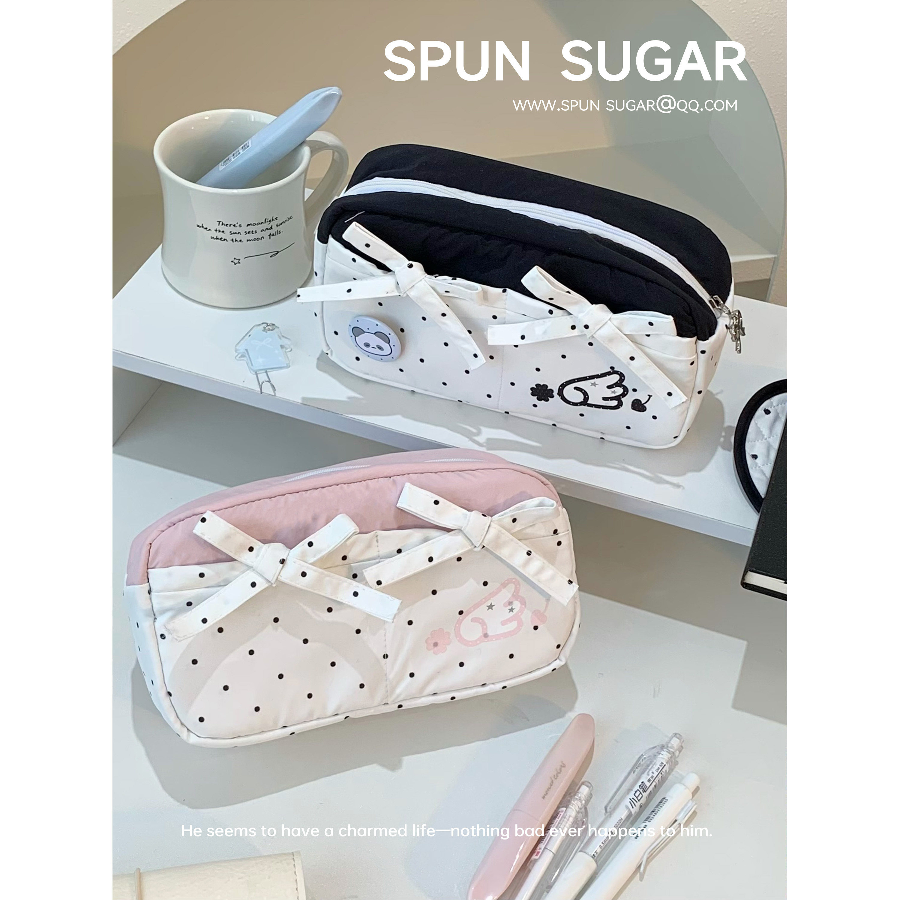 棉花加点儿糖原创波点蝴蝶结笔袋可爱文具盒学生大容量文具袋,文具电教/文化用品/商务用品,笔袋,淘宝优惠券,粉丝福利购,淘宝优惠卷