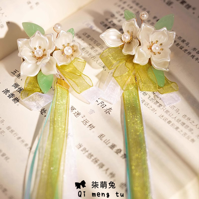 中秋古风清新淡雅橙花飘带发夹汉发饰