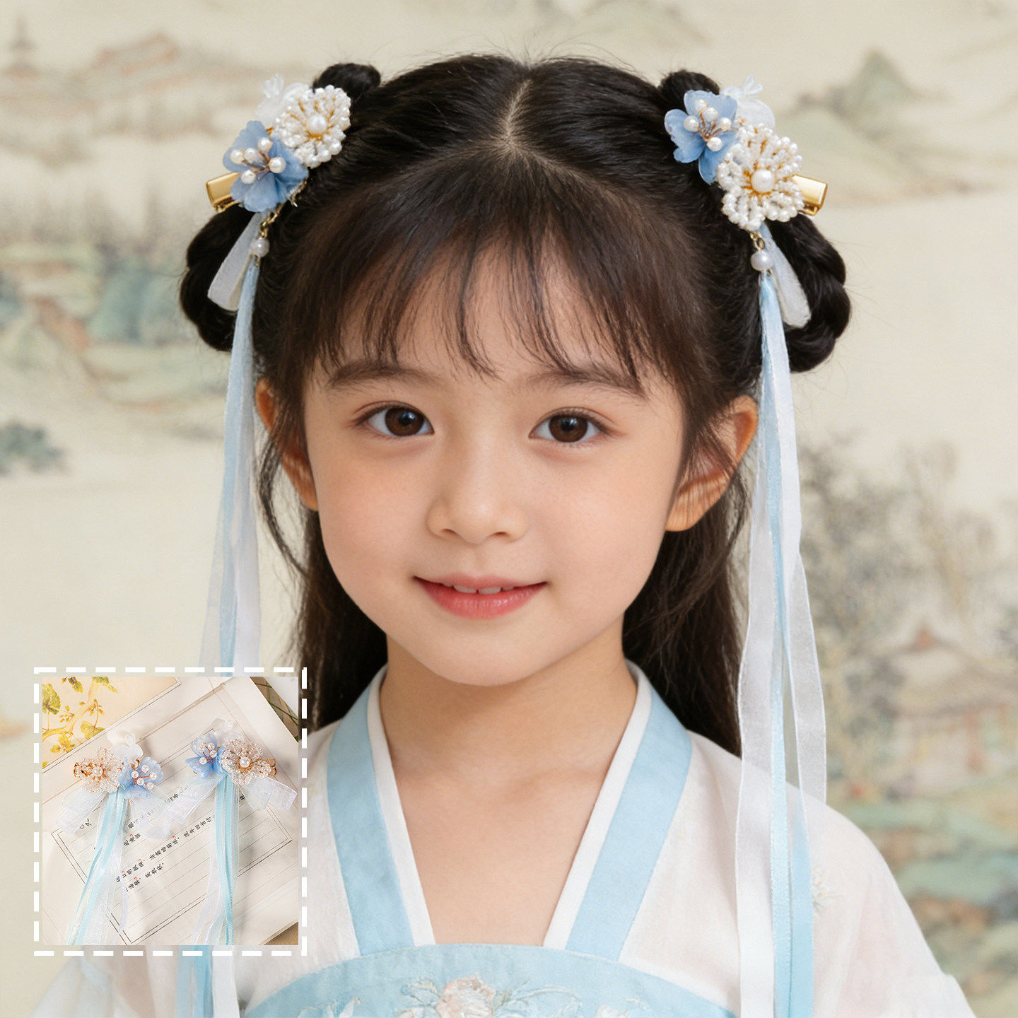 儿童古风汉服发饰小女孩蓝色丝带步摇头饰蝴蝶结对夹复古襦裙配饰