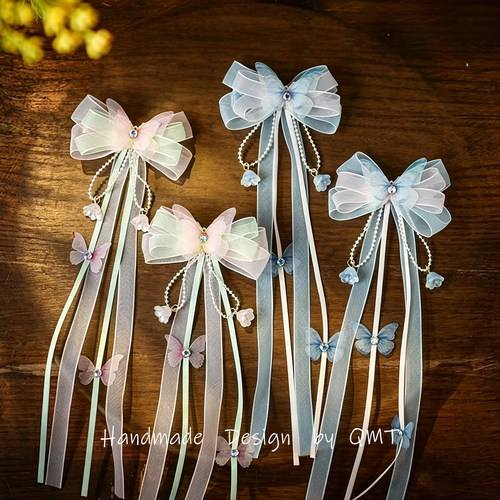 女童汉服头饰儿童古风发饰飘带发夹超仙步摇小女孩蝴蝶结流苏对夹