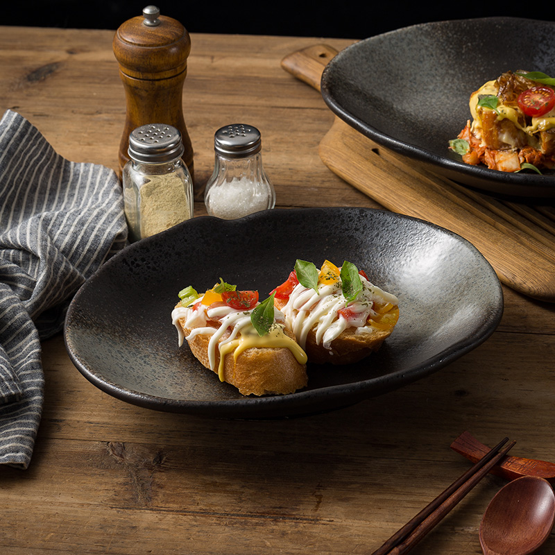 黑色创意日式复古深盘装菜盘家用