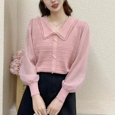 秋季韩版薄款娃娃领针织衫t恤女新款秋冬内搭打底衫长袖上衣女装