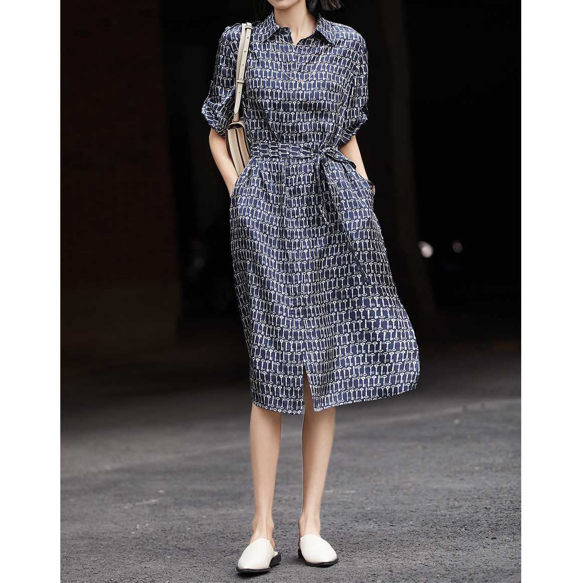 重磅真丝斜纹绸衬衫裙 高端桑蚕丝连衣裙 2026女装碎花长裙子夏季