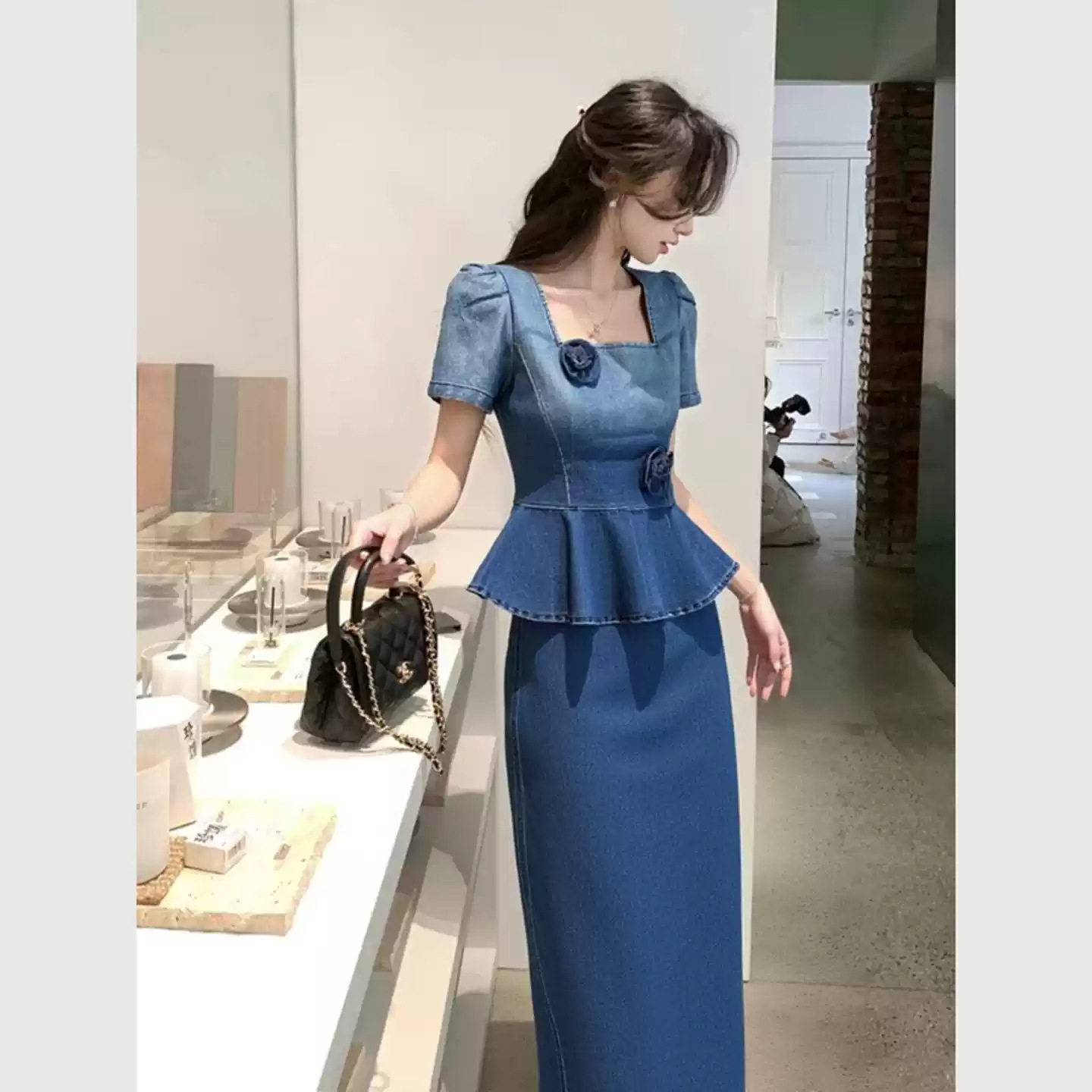 春季女神范气质高级感大方得体独特漂亮蓝色牛仔掐腰连衣裙套装女