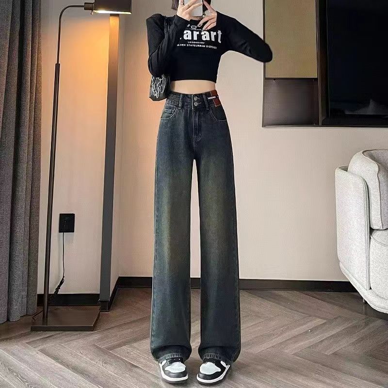 时尚气质阔腿牛仔裤女生2024年春秋季新款高腰小个子显高直筒长裤