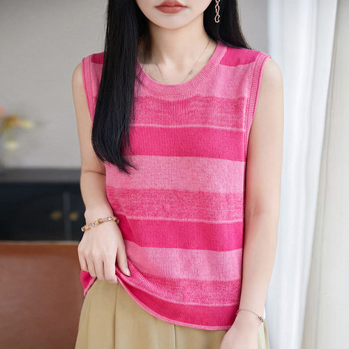 女士夏季新款天丝亚麻圆领针织背心拼色条纹无袖套头打底衫上衣