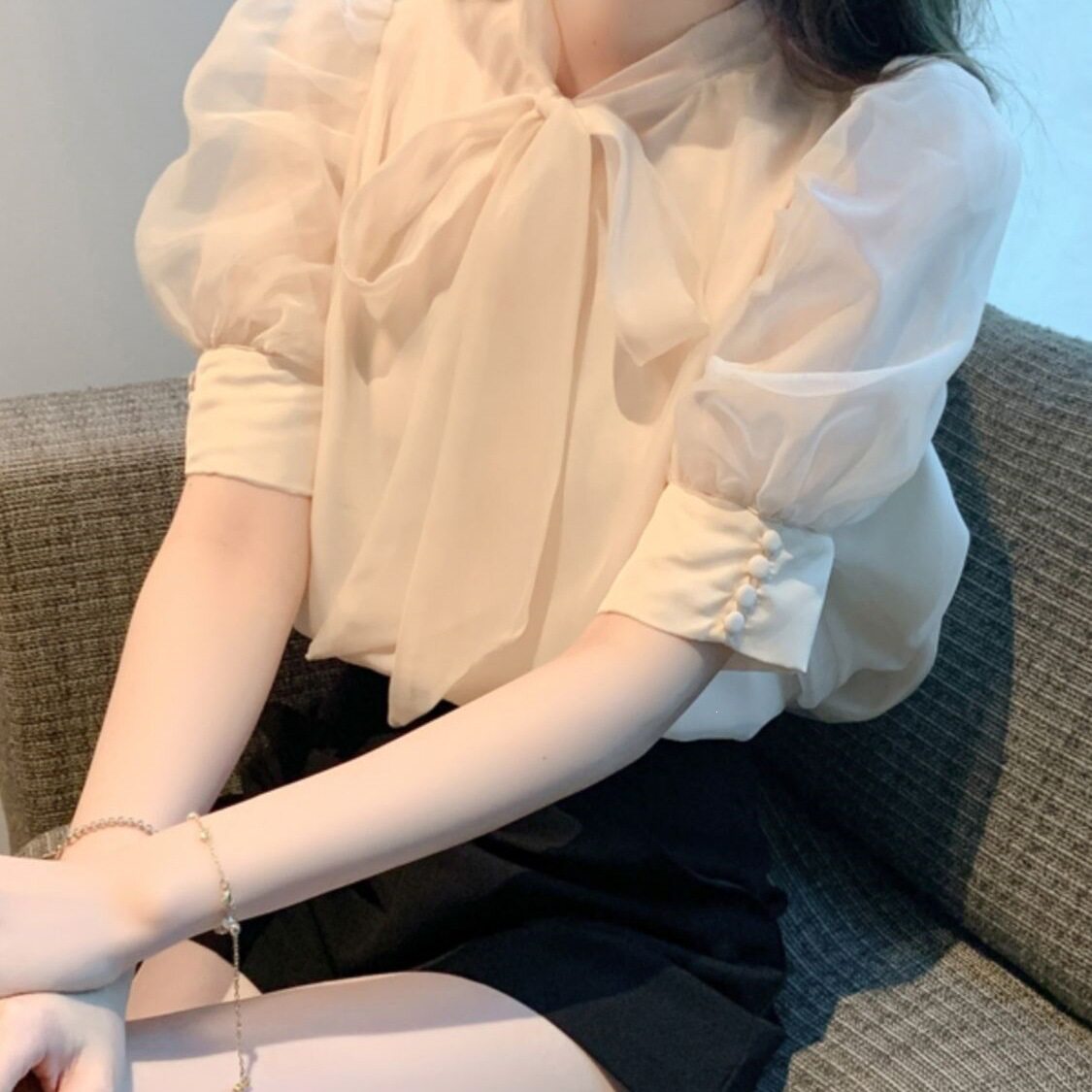 泡泡袖短袖衬衫女夏季2026年新款蝴蝶结雪纺上衣小众别致漂亮小衫