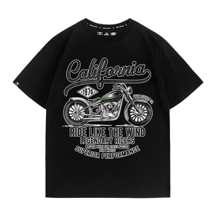 古兹california摩托经典复古潮牌印花骑行服夏季男纯棉T恤衫短袖