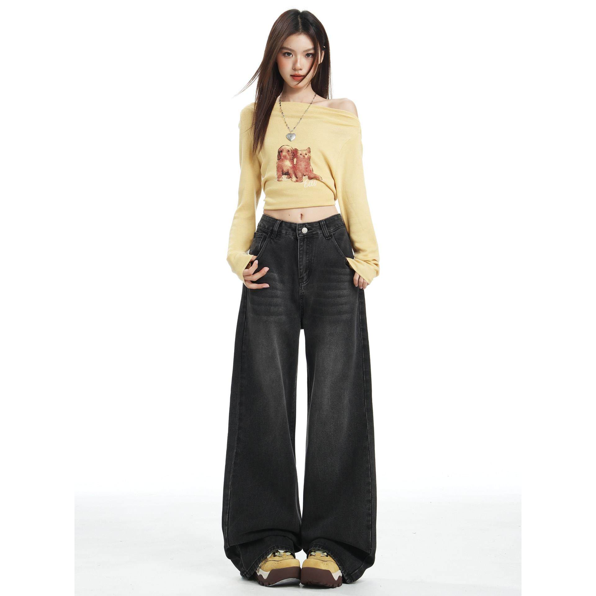 美式覆古黑色阔腿牛仔裤女2025秋冬加绒高腰宽松显瘦小个子直筒裤