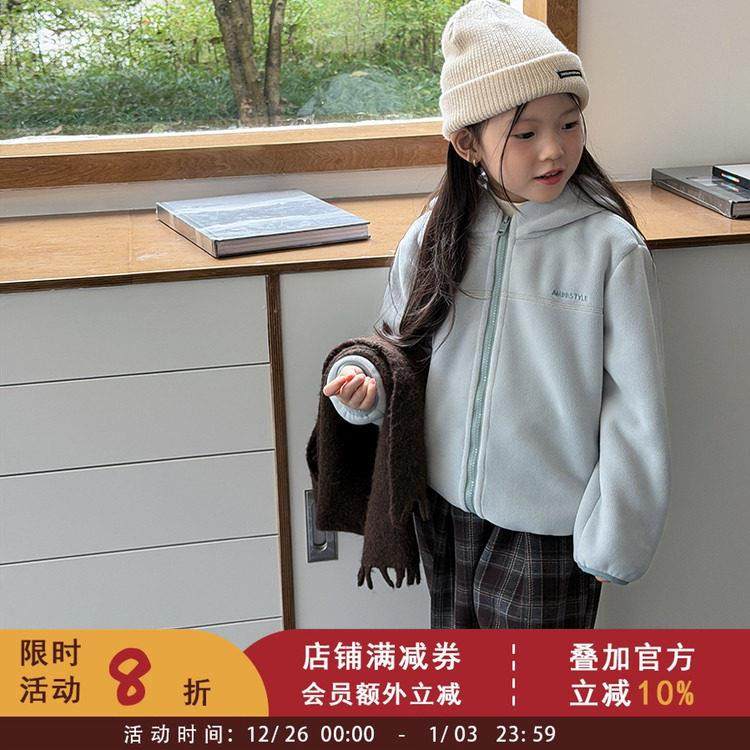 女童软萌毛绒连帽卫衣中大儿童冬季加厚加绒保暖百搭外套潮