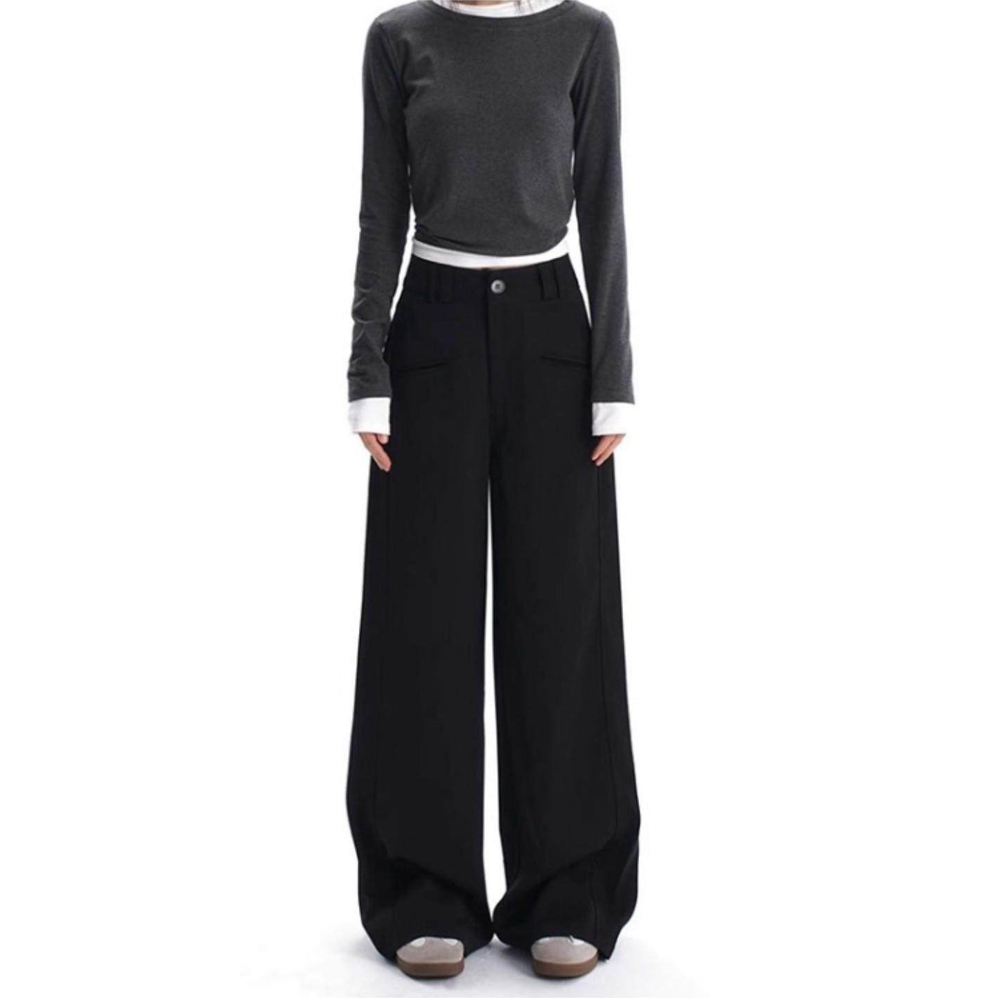 大码高腰西装裤女秋冬加绒加厚胖mm梨型身材宽松显瘦微喇休闲裤黑