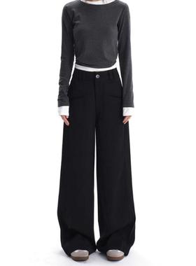 大码高腰西装裤女秋冬加绒加厚胖mm梨型身材宽松显瘦微喇休闲裤黑