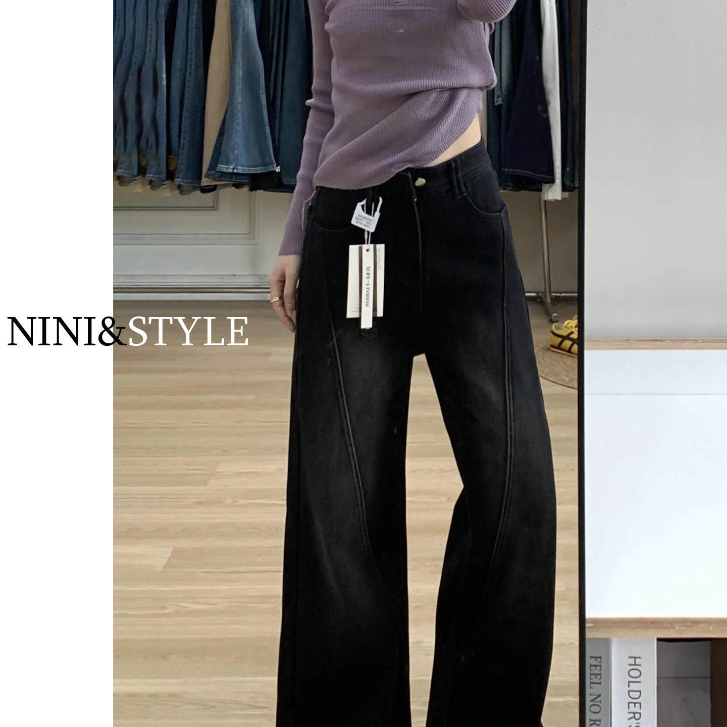 黑灰色窄版加绒加厚阔腿牛仔裤女2025秋冬新款宽松高腰显瘦直筒裤