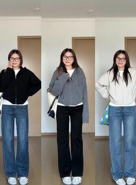 【下个路口】高弹力覆古爆款直筒牛仔裤女高智淡人新款显瘦窄版裤