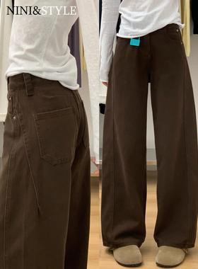 咖啡色阔腿牛仔裤女2025秋冬新款棕色小个子高腰宽松直筒弯刀裤子